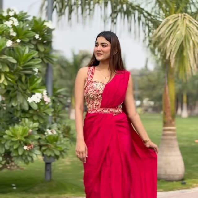 Vibrant Red and Metallic Gold Pre-draped Saree / Saree Dress