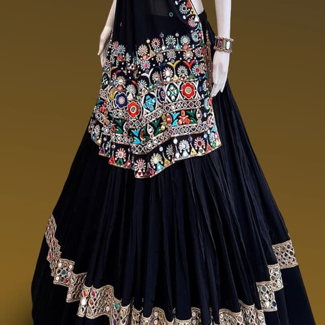 Black base with multi-color accents (red, blue, green, yellow, white) Lehenga Choli