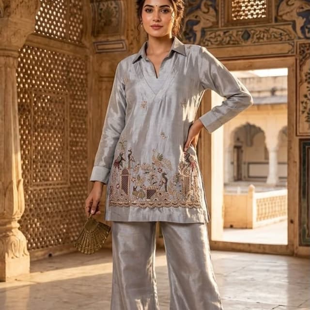 Silver grey Co-ord set (Kurta and Pants)