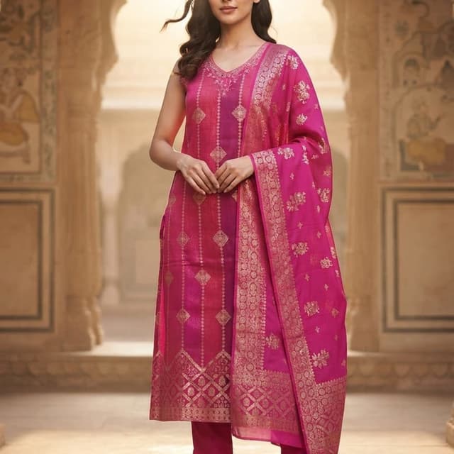 Magenta, Hot Pink, Gold Salwar Kameez (Kurta Set)