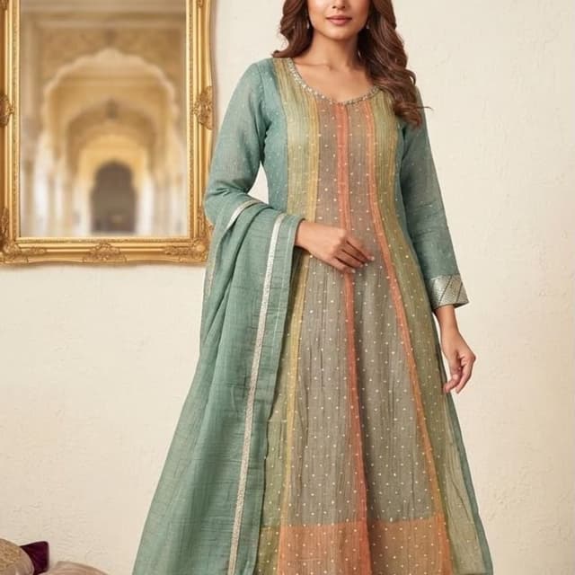 Sage green, soft orange, pale yellow, and silver Kurta Set with Palazzo and Dupatta
