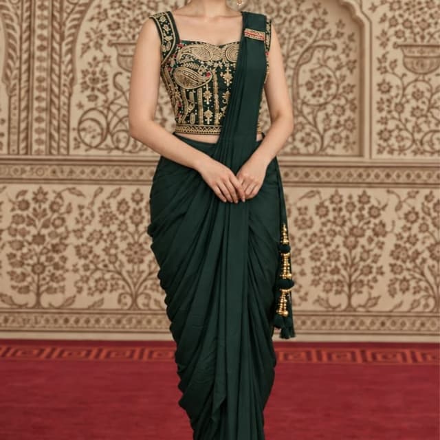 Deep Forest Green with Gold embroidery accents Draped Saree / Pre-stitched Saree