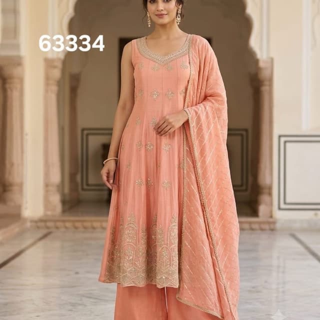 Peach, Gold Anarkali Suit Set