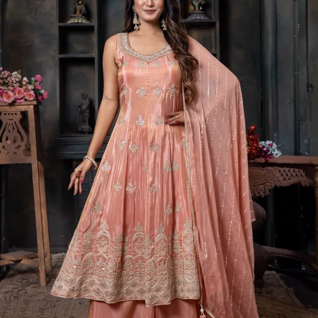 Peach, Gold Sharara Set
