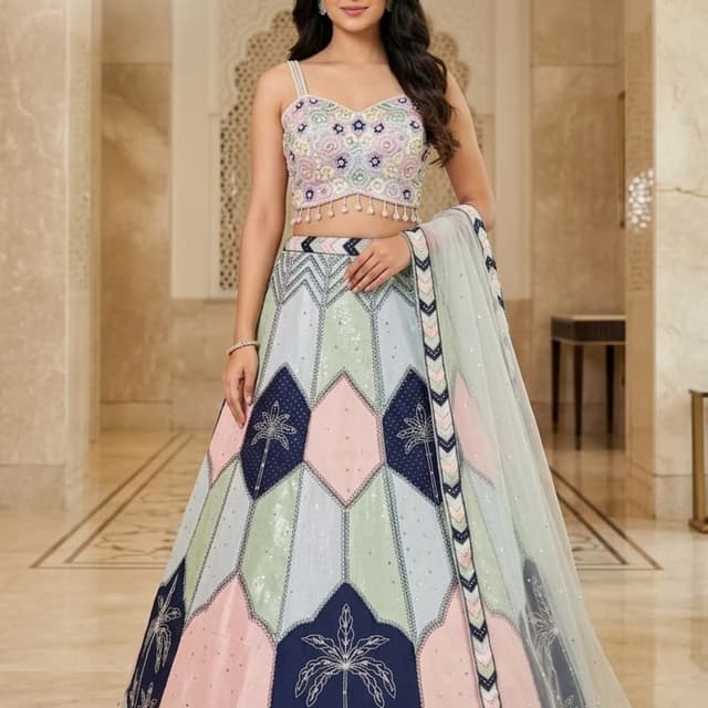 Pastel blue, mint green, blush pink, and deep navy blue Lehenga Choli