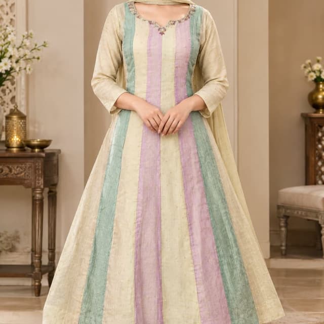 Pastel beige, mint green, and soft lavender Anarkali Suit Set (Kurta, Bottoms, and Dupatta)