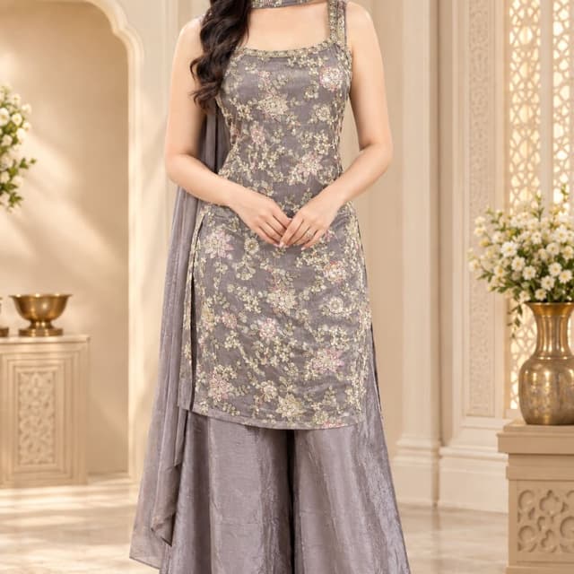 Dusty mauve, muted grey, soft pink highlights Sharara Set