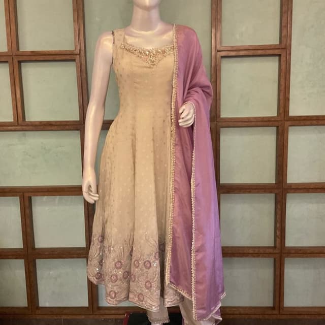 Beige, Lavender, Silver Anarkali Suit Set