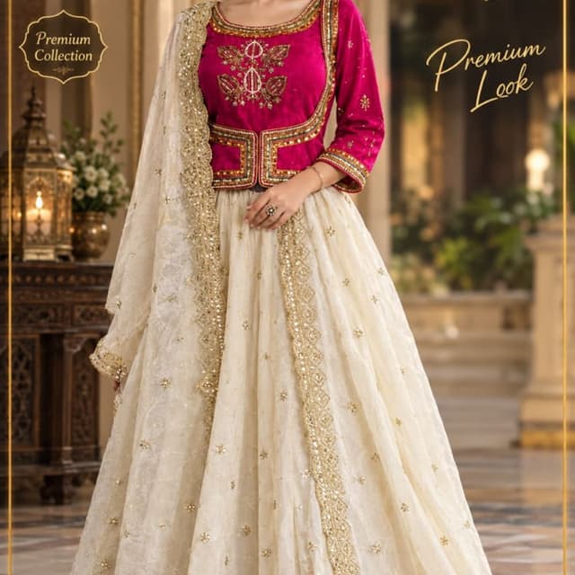 Magenta pink, cream/off-white, and gold Lehenga Choli