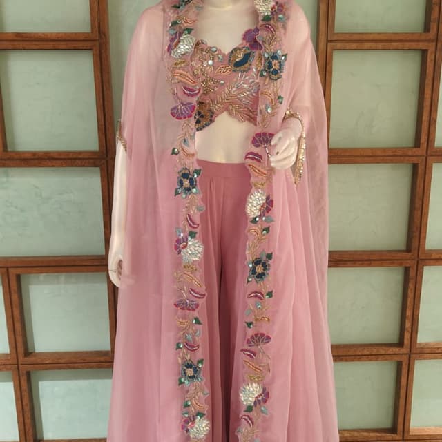Dusty Pink, Multi-colored floral accents Sharara Set with Shrug