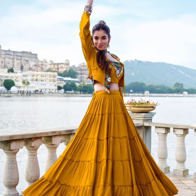 Mustard Yellow base with multicolored embroidery accents Lehenga Choli with Jacket