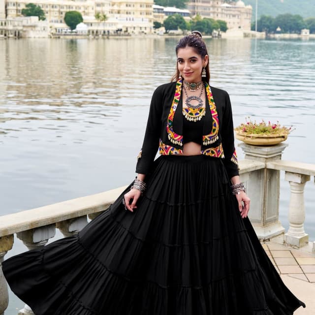 Black with multi-colored accents (yellow, pink, green, blue) Lehenga Choli with Jacket