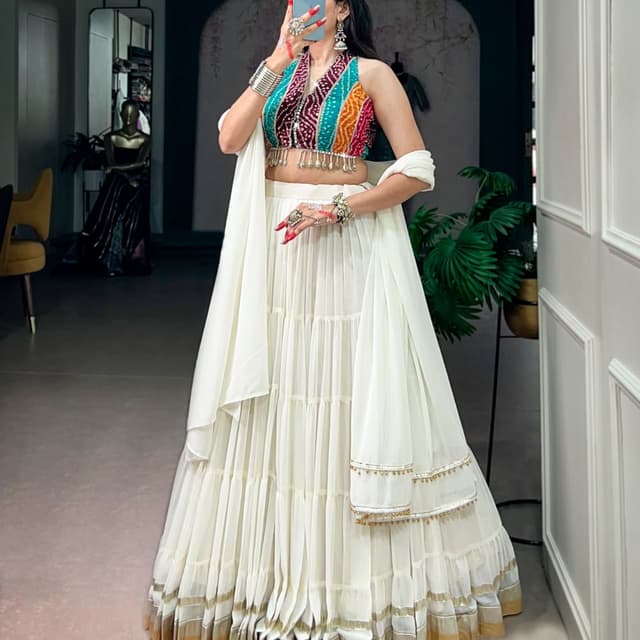 Multi-colored top (Teal, Purple, Orange, Yellow) with a solid Off-White skirt and dupatta Lehenga Choli