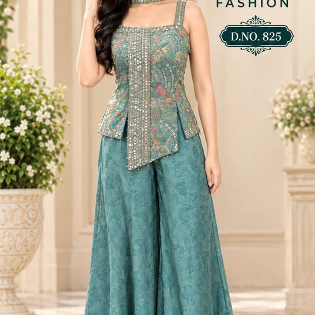 Teal, Seafoam, Multi-color floral accents Peplum top and wide-leg trousers set