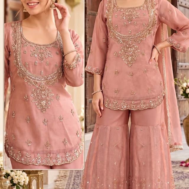 Dusty Rose, Metallic Gold Sharara Suit