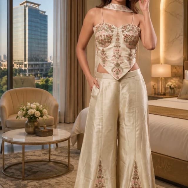 Off-white, cream base with muted pink, green, and brown floral embroidery Co-ord Set
