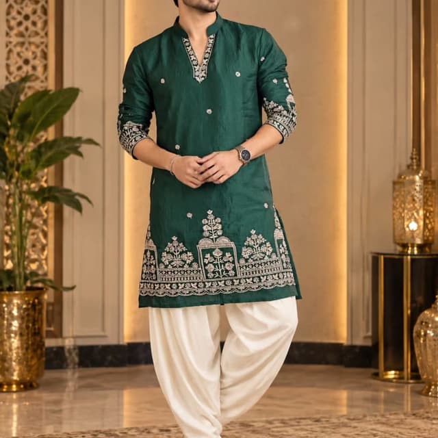 Emerald Green and Off-White Kurta with Dhoti Salwar