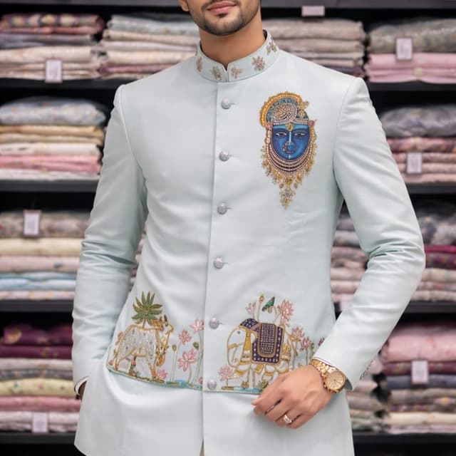 Light powder blue, multicolored intricate embroidery Jodhpuri Jacket