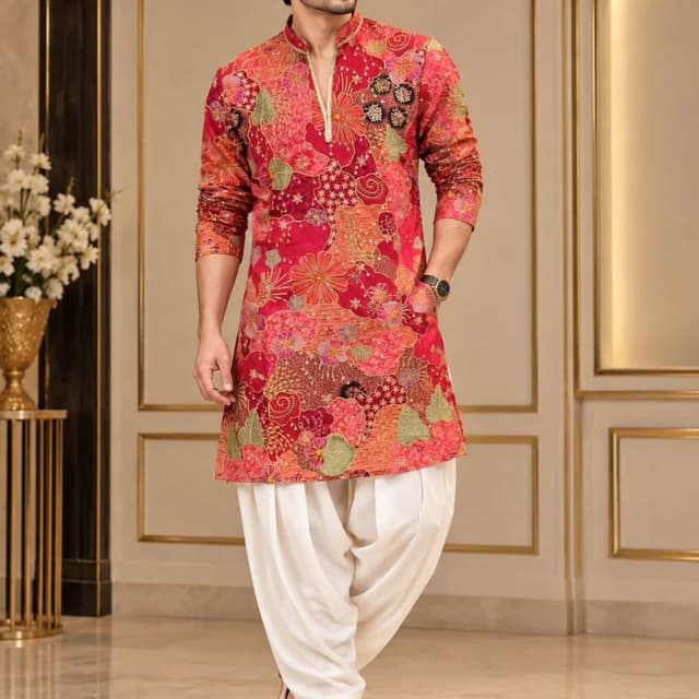 Red, orange, pink, cream, gold Kurta with Dhoti Pants