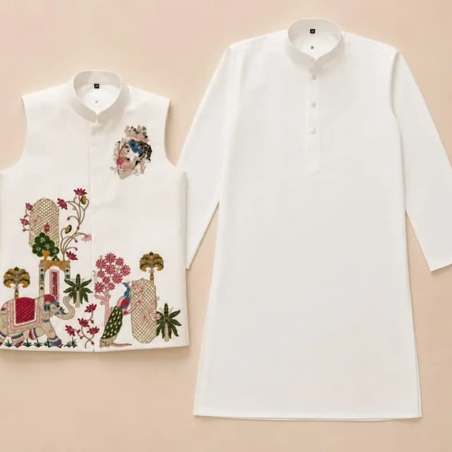 White base with multi-colored embroidery including shades of pink, green, blue, gold, and red Kurta with Nehru Jacket (Waistcoat) set