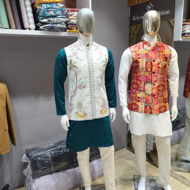Teal, Off-white, Multi-colored embroidery Kurta Set with Nehru Jacket