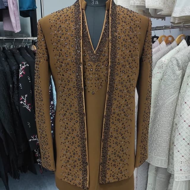 Earth brown, mustard tan, and dark metallic bronze beadwork Indo-Western Jodhpuri Suit