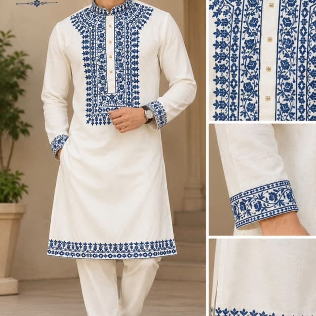 Off-white and Royal Blue Kurta