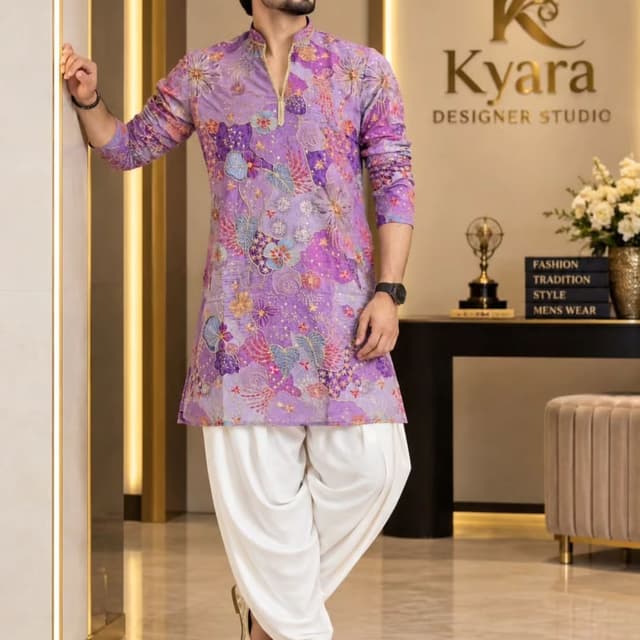 Lavender, purple, white, and multi-colored floral accents Kurta with Dhoti pants