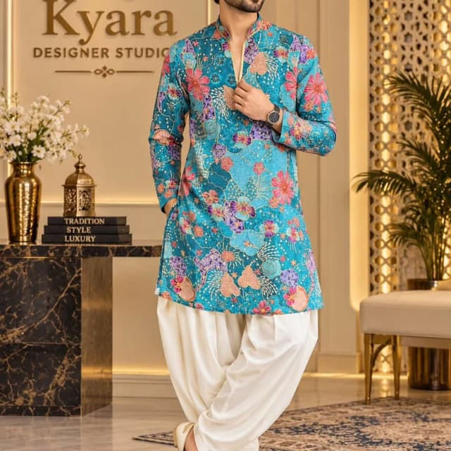 Turquoise blue base with floral prints in pink, purple, orange, and white Kurta with Dhoti Salwar