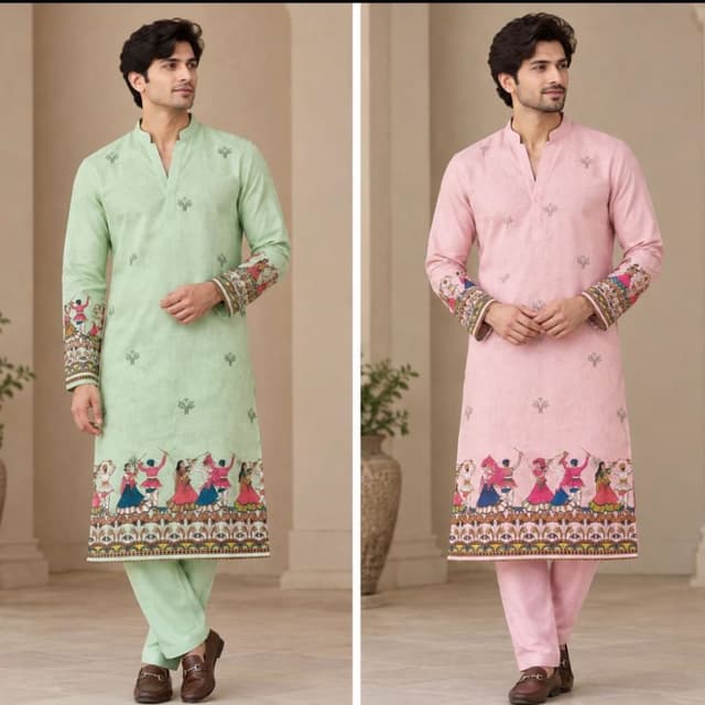 Pastel Mint Green, Pastel Light Pink, Multi-colored prints Kurta Set