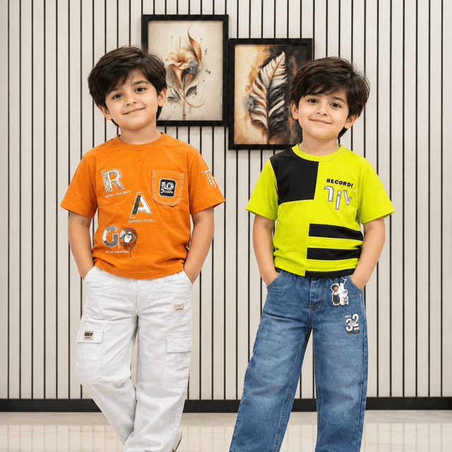 Orange, white, lime green, black, blue Boys two-piece casual outfits