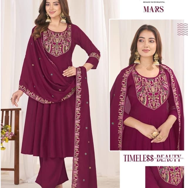 Deep Plum or Burgundy with accents of pink, green, and gold in the embroidery Salwar Kameez Set