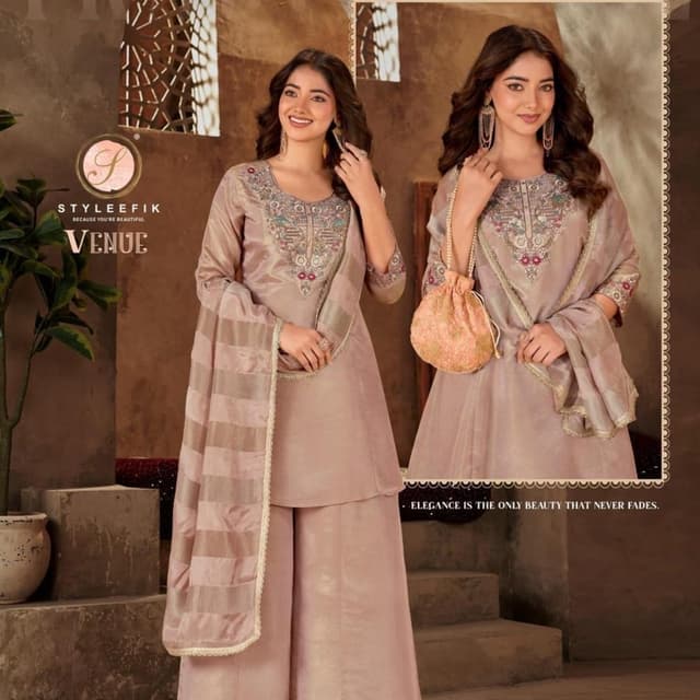 Mauve, Dusty Rose, Silver, Multi-colored embroidery Salwar Kameez Suit Set