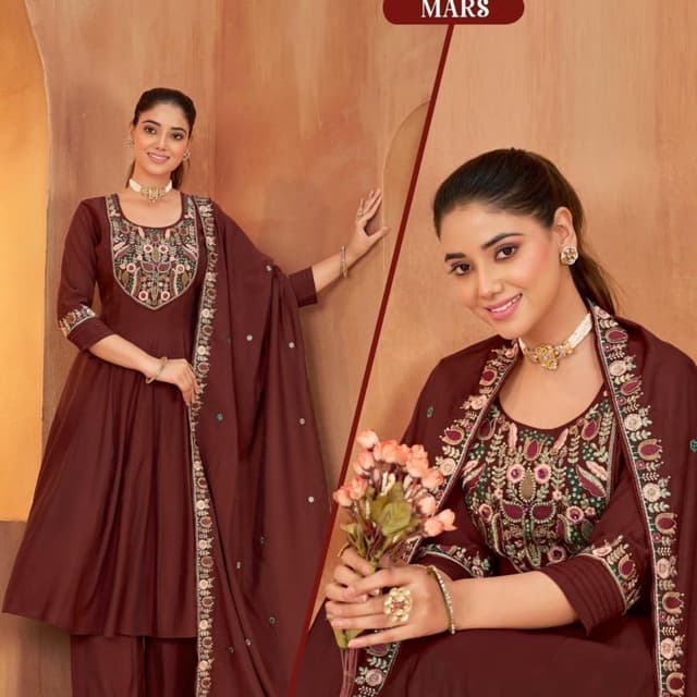 Deep maroon or dark burgundy base with multi-colored embroidery accents including green, pink, and cream Kurta set with palazzo pants and dupatta