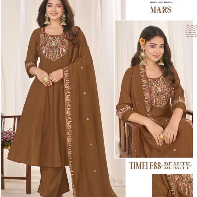 Solid deep brown with multi-colored thread work embroidery in pink, white, and gold tones Salwar Kameez Set