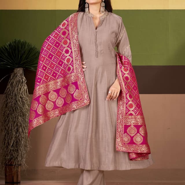 Taupe brown and vibrant fuchsia pink with gold accents Salwar Kameez Set