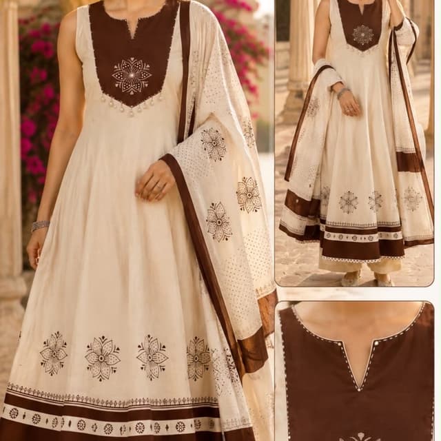 Off-white and Dark Brown Anarkali Suit set