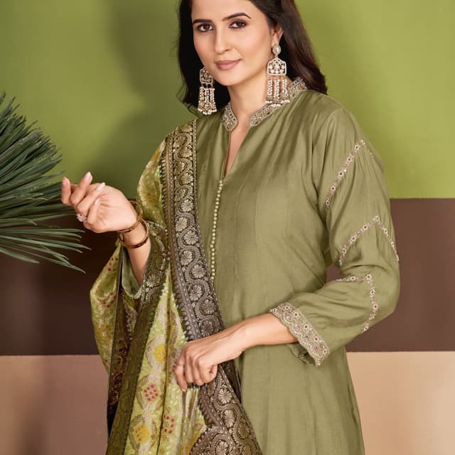 Olive green base with dark green and gold accents Salwar Kameez with Dupatta