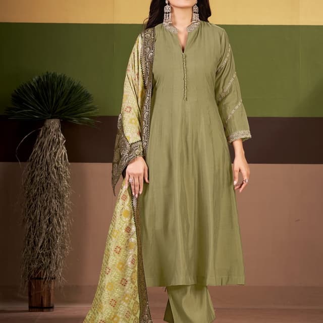 Olive green, gold, cream, and mustard Salwar Kameez suit set
