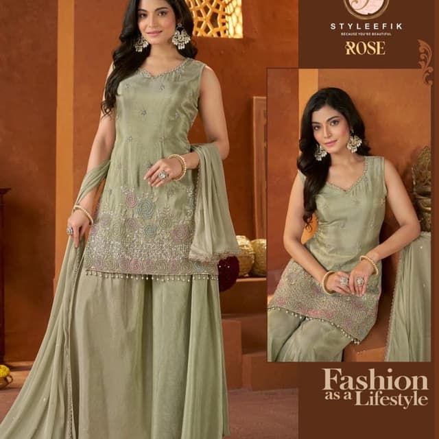 Sage Green base with multi-colored pastel embroidery in pink, blue, and grey Sharara Set