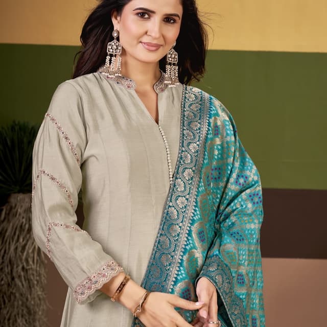 Sage green base with teal, metallic gold, and multicolored accents Kurta with Dupatta