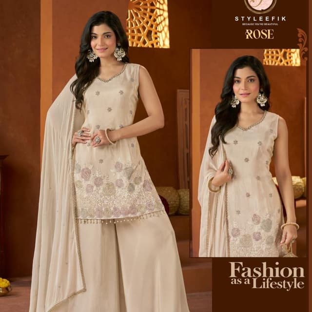 Off-white base with pastel pink, muted green, and metallic silver accents Sharara Set