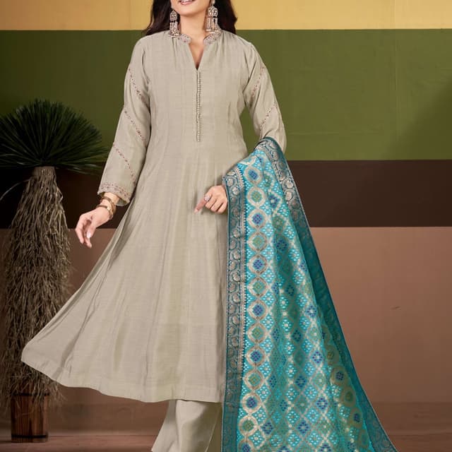 Sage green (kurta and trousers), peacock blue (dupatta), gold (zari work) Kurta Set with Dupatta