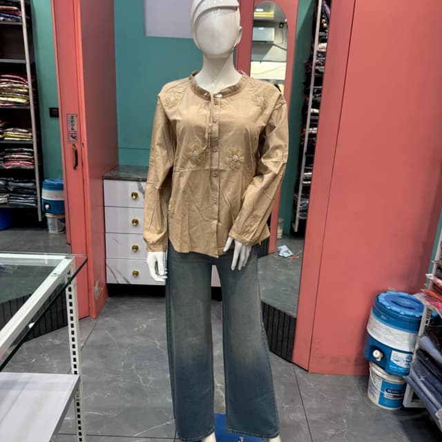 Beige and light blue Shirt and Jeans outfit
