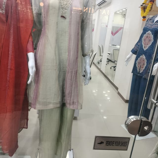 Sage green, muted mauve, silver, and pale grey Salwar Kameez set