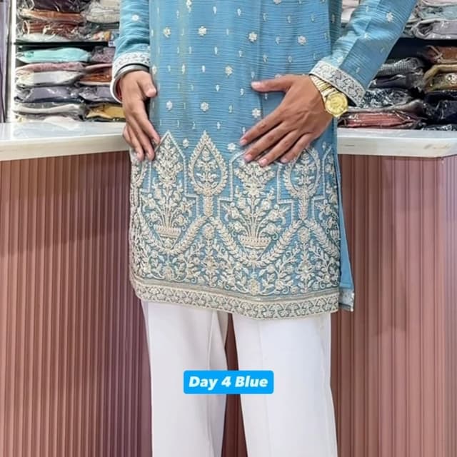 Powder blue with white and silver threadwork Kurta with trousers