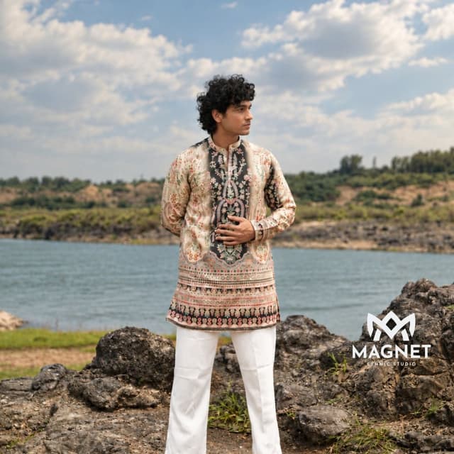 Beige, Black, Multi-color accents (red, green, blue) Kurta