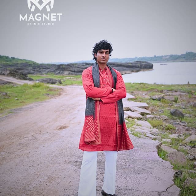 Red, Charcoal Grey, White Kurta with Stole and Trousers