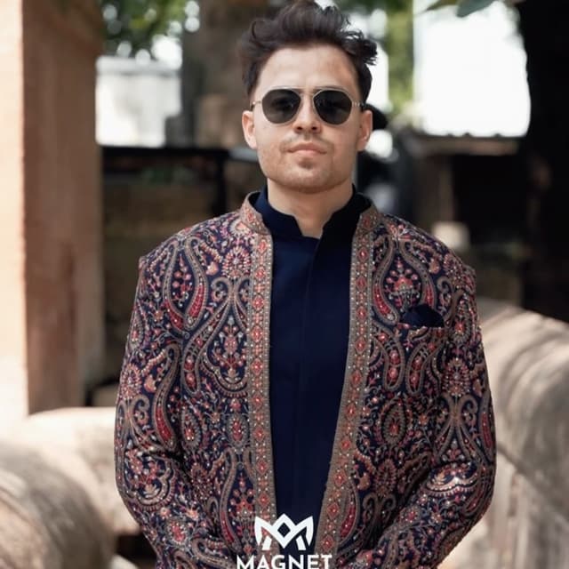 Navy Blue, Deep Red, Gold Sherwani Jacket