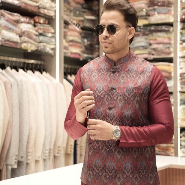 Maroon, Burgundy, Slate Blue, and muted earthy tones Nehru Jacket over Kurta